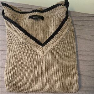 Forever 21 Tan and Black Crew Neck Sweater with Ribbed Knit
